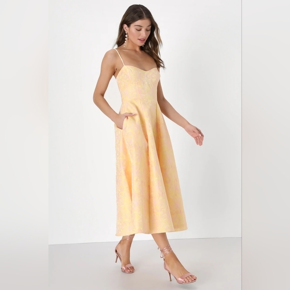 Lulus Meet for Tea Yellow Jacquard Bustier Midi Dress With Pockets XL Wedding - Picture 3 of 12